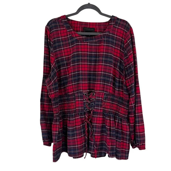 Lane Bryant Plaid Blouse Plus Size 20 Seersucker Waist Red Navy Lace Up Grommet - Picture 1 of 7